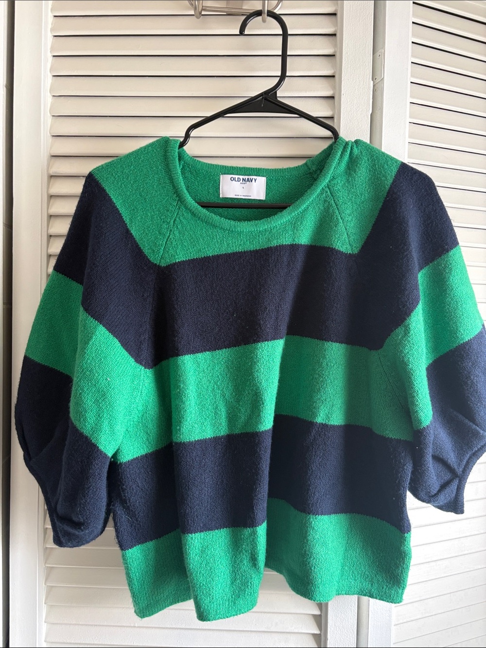Old Navy Green and Navy Wide-Stripe Crewneck Sweater